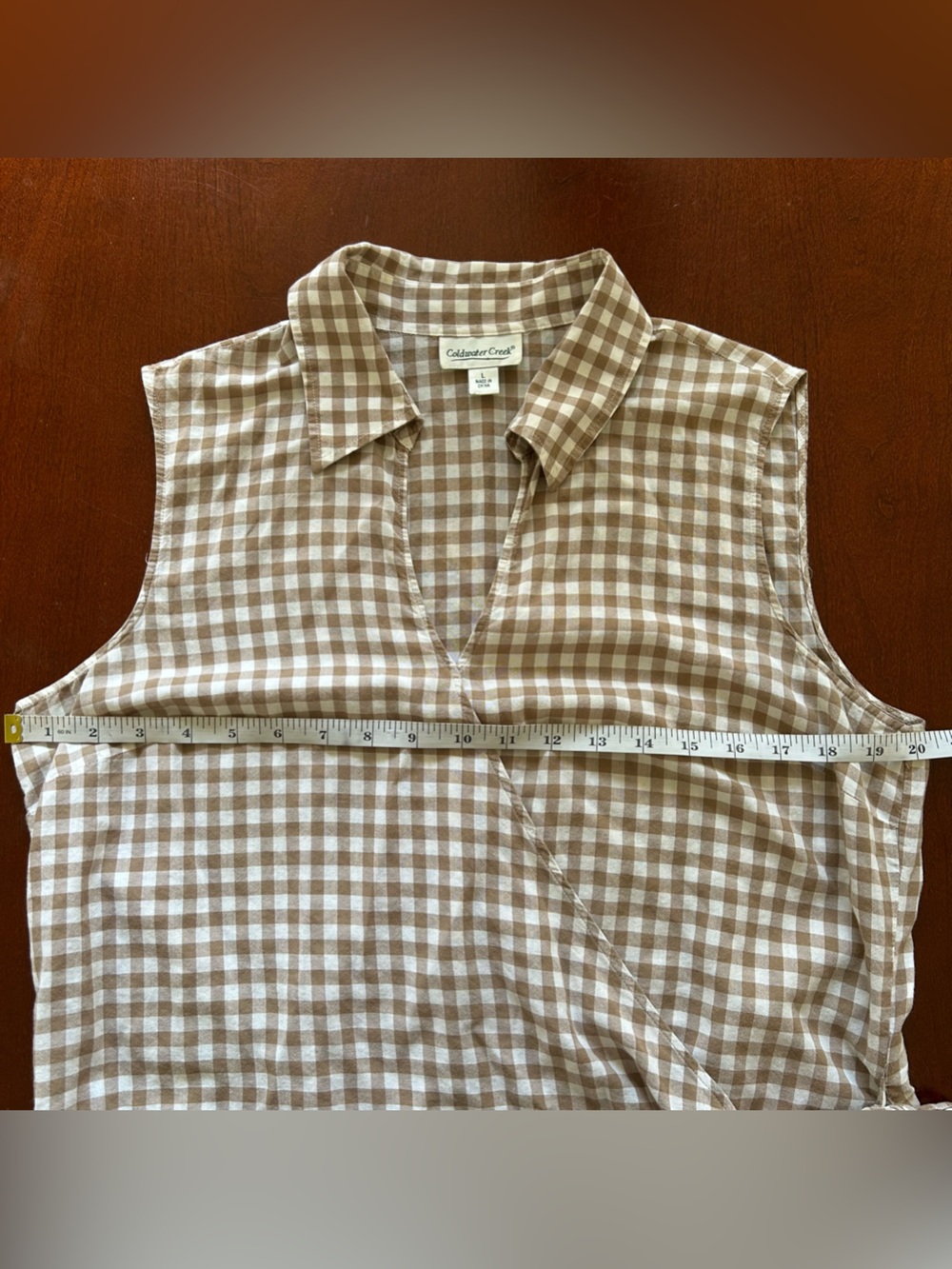 Coldwater Creek Brown and White Gingham Tie-Side Sleeveless Wrap Top Size L - Picture 6 of 7